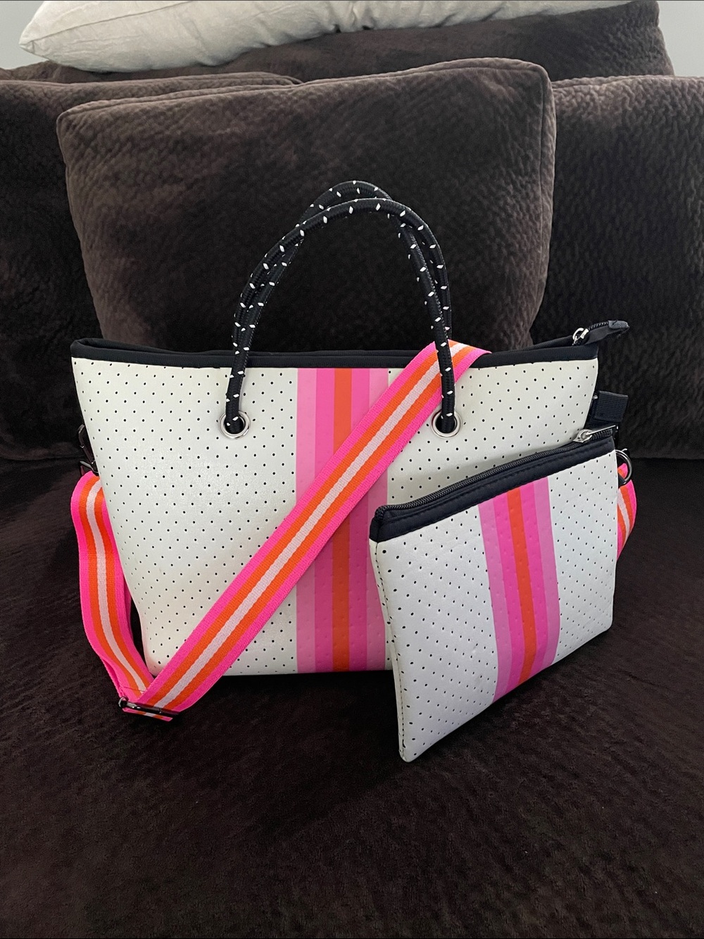 White/Hot Pink/Orange Stripe Neoprene Bag - Picture 1 of 15